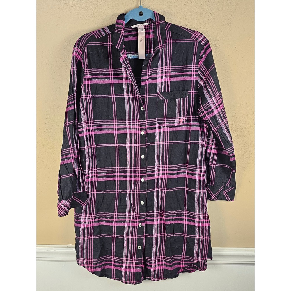 NWT Victoria's Secret Womens Pink Black Plaid Flannel Sleep Shirt Small